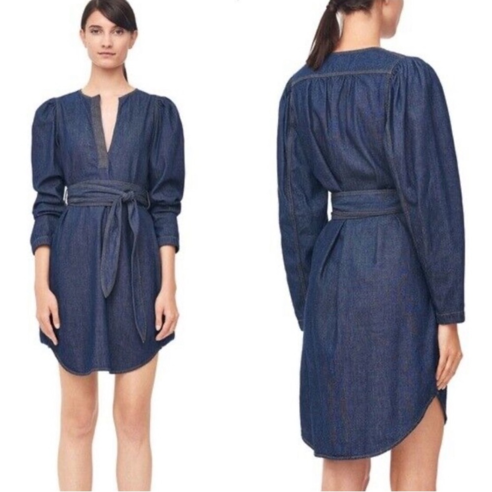 Rebecca Taylor La Vie Dark Wash Denim Belted Mini Puff Sleeve Dress